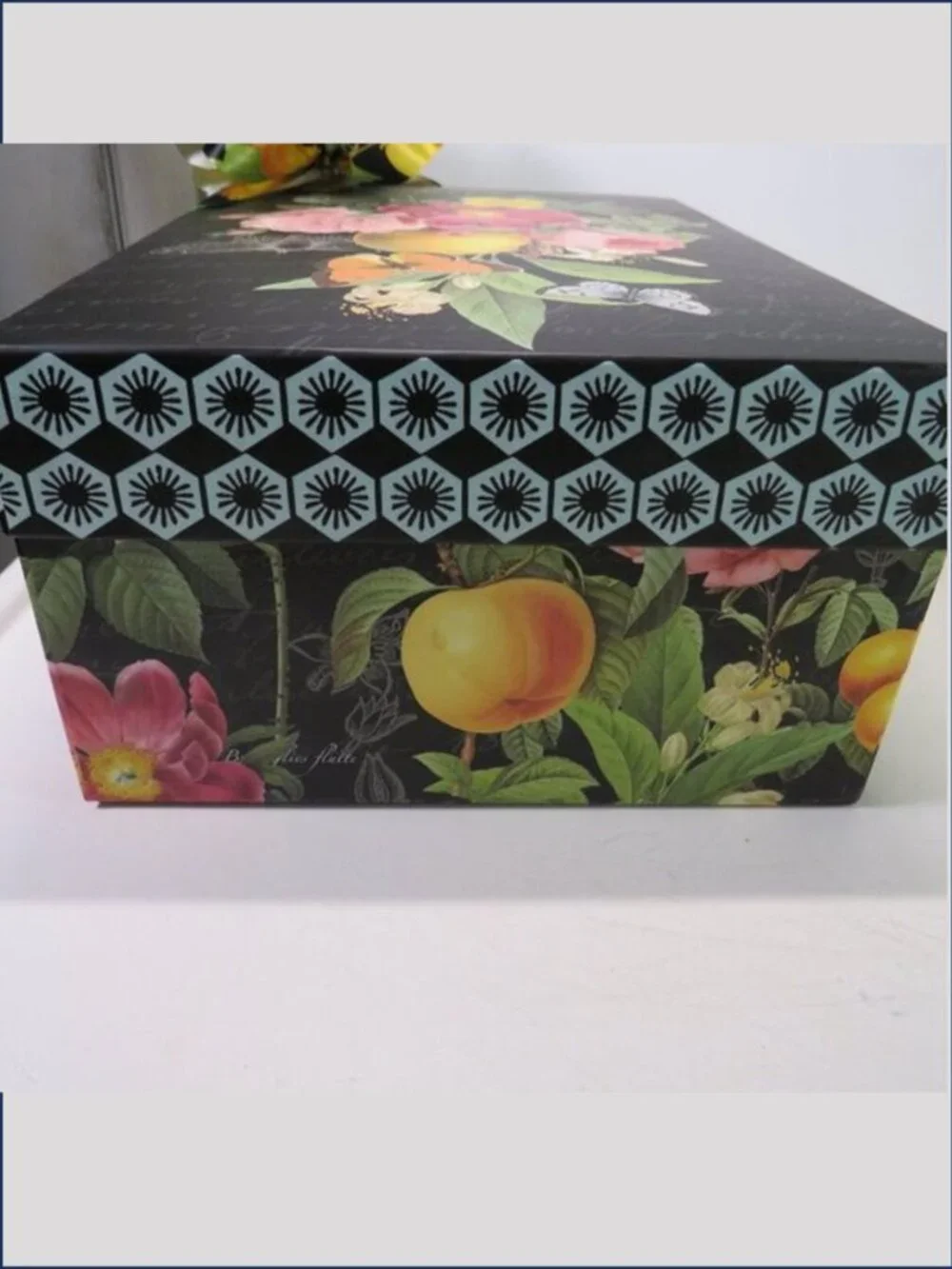 VTG Victorian Black Botanical Floral & Fruit Gift Box Storage 11x8 With Bow